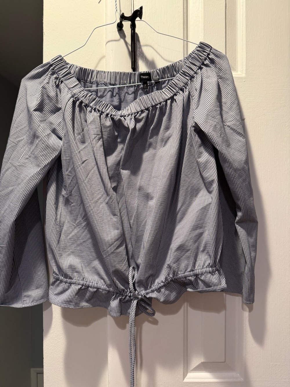 Theory Blue Stripe Off-Shoulder Tie-Front Blouse
